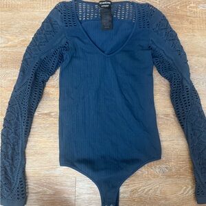 Bebe Blue Ribbed Long Sleeve Bodysuit